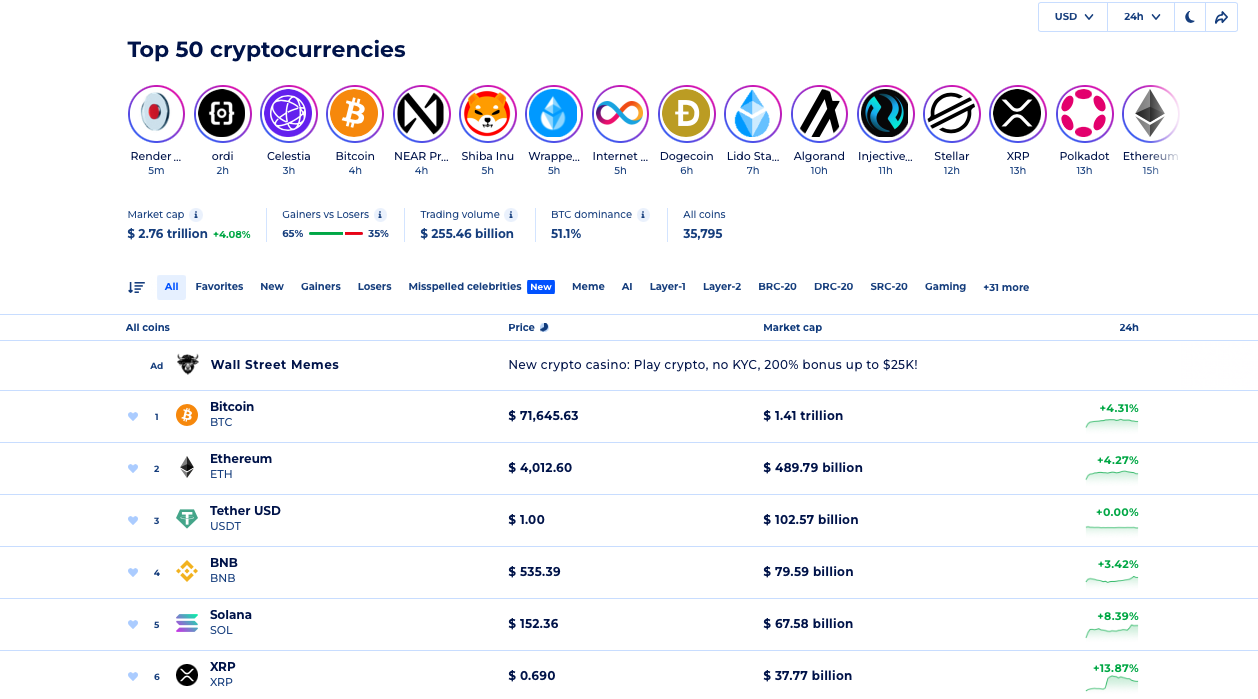 Main page to pick a coin